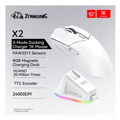 (White) X2 Gaming Mouse Wireless RGB Magnetic Charger,24000DPI,1K Return Ziyoulang Bluetooth Tri