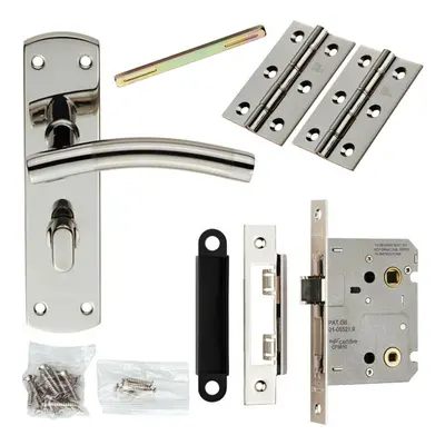 Door Handle & Bathroom Lock Pack Polished & Satin Steel Curved Turn Backplate