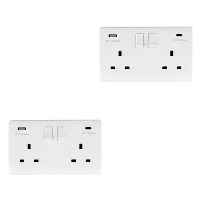 2 PACK Gang UK Plug Socket & Dual 3.1A USB-C & A WHITE PLASTIC 13A Switched