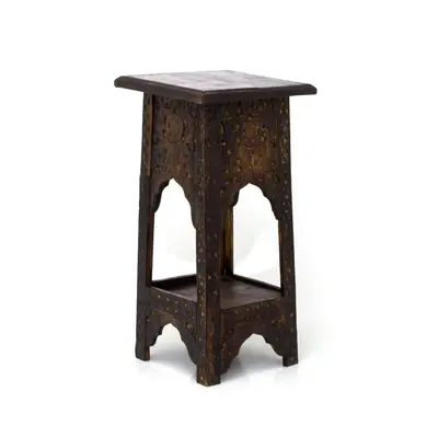 Mango Wood Carved Temple Side Table | Wooden Pedestal Altar Table Side Table | Living Room End T