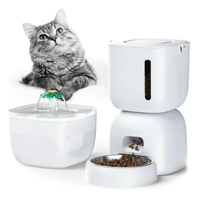 (White) Automatic Cat Feeder and Water Dispenser, 3L Cat Food Dispenser with Locking Lid, Timed 