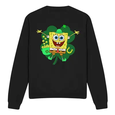 (S, Black) SpongeBob SquarePants Unisex Adult Spongey Four Leaf Clover St Patricks Day Sweatshir