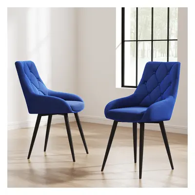 (Blue) 2pcs Velvet Metal Legs Button Upholstered Dining Chairs