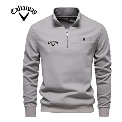 (grey, XL) Callaway Autumn New Men&apos;s Long Sleeved Half Zip Hoodie Casual Solid Color Pocket