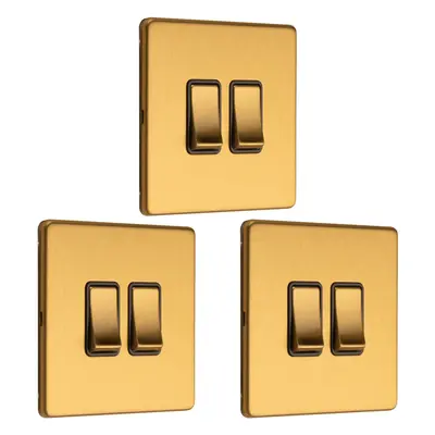 3 PACK Gang Double Light Switch SCREWLESS SATIN BRASS Way 10A Slim Rocker