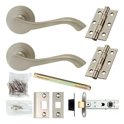 Door Handle & Latch Pack Satin Chrome Curved Scroll Lever Screwless Round Rose