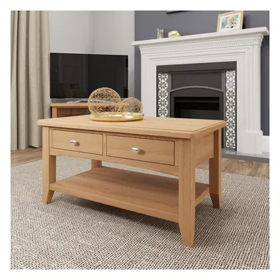 Large Coffee Table Drawers Fully Assembled Solid Oak Veneer