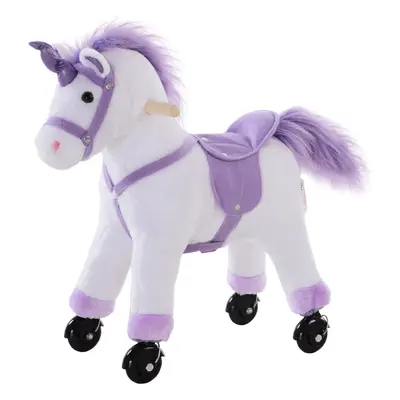 HOMCOM Kids Plush Ride-On Unicorn Walking Horse Toy with Handlebar