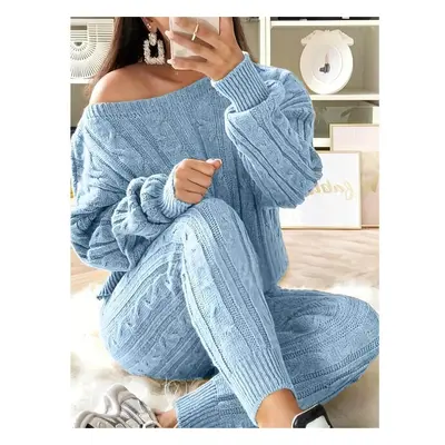 (sky blue, 5XL) Casual Sweater Outfits Set, Women&apos;s Plus Solid Long Sleeve One Shoulder Cab