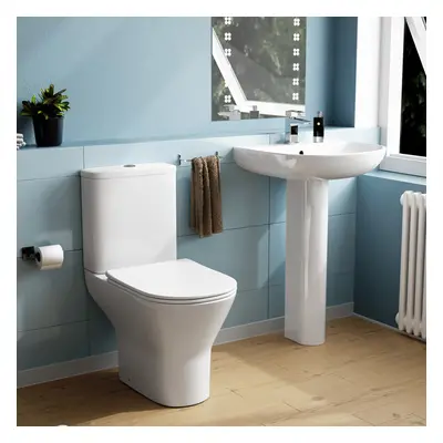 Nes Home Round Rimless Close Coupled Toilet & 570mm Full Pedestal Basin White