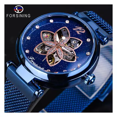 (blue) Forsining Fashion Starry Petal Mechanical Watch Female Elegant Automatic Watch Brand Wris