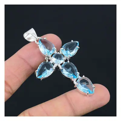 Blue Topaz Gemstone Pendant Solid Sterling Silver Pendant Jewelry Gift For Unisex Lg-090