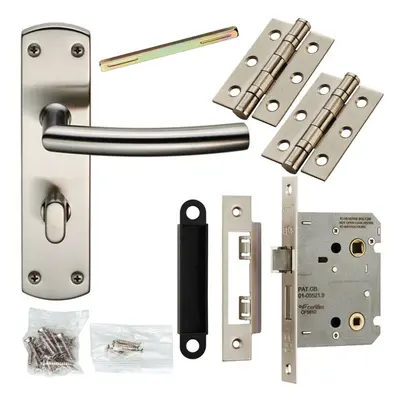 Door Handle & Bathroom Lock Pack Satin Steel Curved & Mitred Bar Backplate