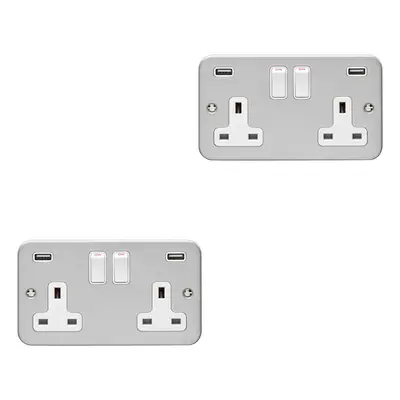 2 PACK Gang 13A Switched UK Plug Socket & 2.1A USB-A HEAVY DUTY METAL CLAD