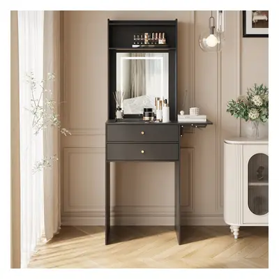 (Black) Dressing Table Set LED Mirror Side Shelf Drawer