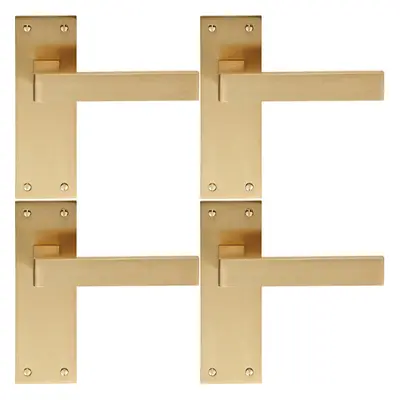 4x PAIR Straight Square Handle on Slim Latch Backplate x 50mm Satin Brass