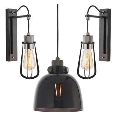 Matt Black Industrial Lights - Ceiling & 2x Wall Light Bundle - Tinted Glass