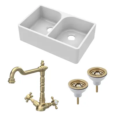 Fireclay Kitchen Bundle - Double Bowl Full Weir Butler Sink No Overflow, Wastes & Classic Tap, 7