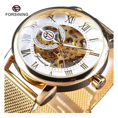 (white,gold) Forsining Retro Fashion Design Skeleton Sport Mechanical Watch Luminous Hands Trans