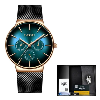 (Gold Green) Lige Casual Mesh Belt Fashion Quartz Mens Watch