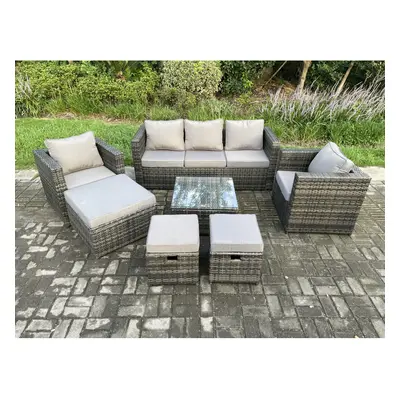 Fimous Wicker Rattan Garden Furniture Sofa Set with Armchair Square Coffee Table Footstools Dark