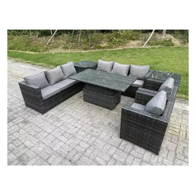 Fimous Wicker PE Garden Furniture Rattan Sofa Set Outdoor Adjustable Rising Lifting Dining Table