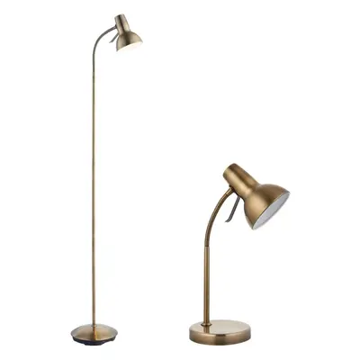 Standing Floor & Table Lamp Set Antique Brass Adjustable Neck Living Room Light