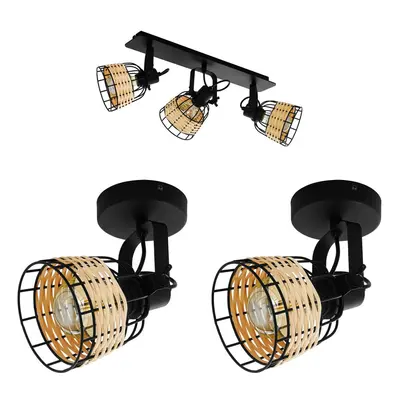 Ceiling Spot Light & 2x Matching Wall Lights Black & Wicker Adjustable Shade