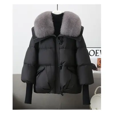 (black, XL) Winter New Fur Collar Puffer Down Parka Loose Down Warmer Thicken Snow Jacket Pocket