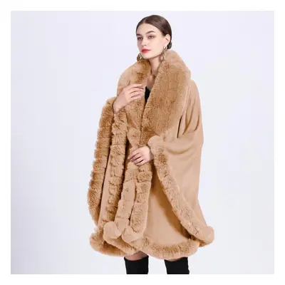 (camel, One size) Elegant V Lapel Faux Rex Rabbit Fur Coat Cape Winter Women Big Long Shawl Full