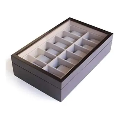 Solid Espresso Slot Wood Watch Box Organizer with Glass Display Top by Case Elegance