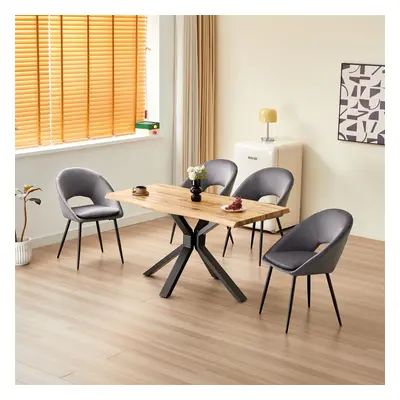 Wooden Dining Table with X-Shaped Iron Legs and Grey Velvet Chairs â Modern Dining Set for Hom