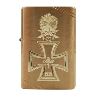 Zippo Knight's Cross Windproof Lighter with Oak Leaves-Diamond Engraving-Elegant Brushed Brass-L