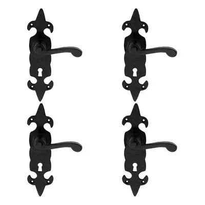 4x PAIR Forged Scroll Lever Handle on Lock Backplate x 57mm Black Antique