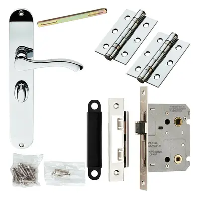 Door Handle & Bathroom Lock Pack Chrome Scroll Thumb Turn Round Tall Backplate