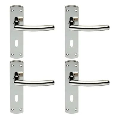 4x Curved Bar Lever Door Handle on Lock Backplate x 44mm Polished Steel