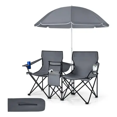 Outdoor Portable Double Camping Chair Folding Picnic Chairs W/ Umbrella Ice Bag