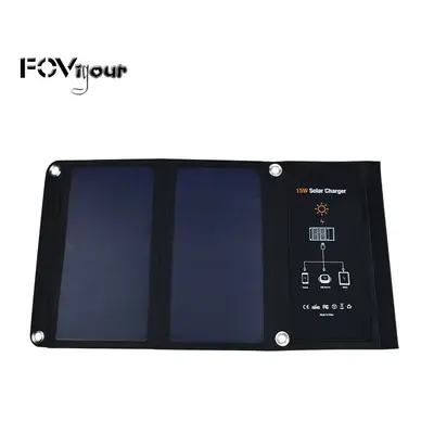 (Black) Fovigour 15W 5V Dual USB Solar Phone Charger Portable Solar Panel Waterproof Shockproof 