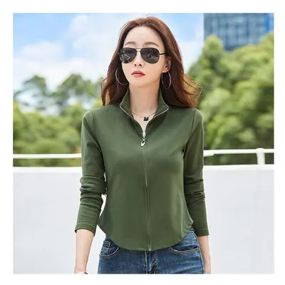 (green, L) #0425 Turtleneck T Shirt Women Zipper Sexy Streetwear Short T Shirt Female Solid Colo