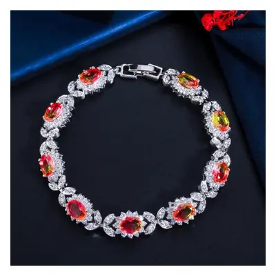 (red,yellow) Wwj Rainbow Mystical Cubic Zirconia Leaf Design Tennis Bracelet For Women