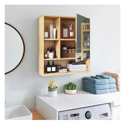 Wall Mounted Bamboo Bathroom Mirror Cabinet Cupboard Storage Shelves