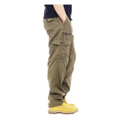 (khaki,army green, 5XL) Men&apos;s New Overalls Loose Straight Multi-pocket Casual Pants Outdoor