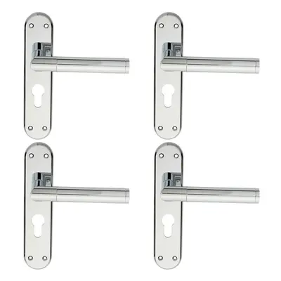 4x Round Bar Lever on Euro Lock Backplate Door Handle x 40mm Polished Chrome