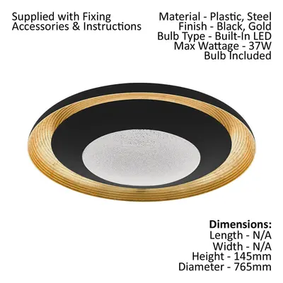 Flush Ceiling Light Black Gold Shade Transparent Plastic With Granille LED 37W