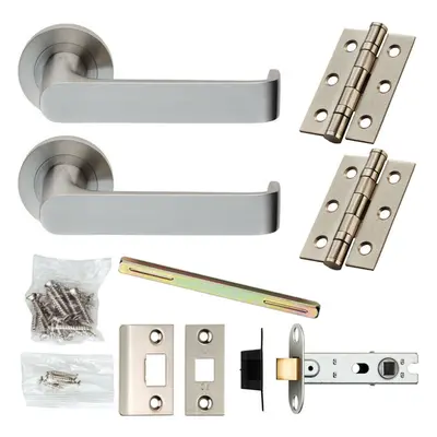 Door Handle & Latch Pack Satin Steel Straight Safety Bar Screwless Round Rose