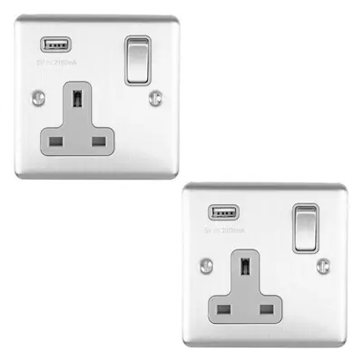 2 PACK Gang Single UK Plug Socket & 2.1A USB SATIN STEEL & Grey 13A Switched