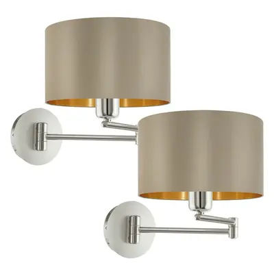 2 PACK Wall Light Satin Nickel Moveable Stem Shade Taupe Gold Fabric E27 1x60W