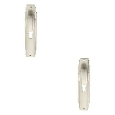 2x PAIR Line Detailed Door Knob on Euro Lock Backplate x 45mm Satin Nickel