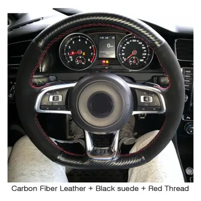 (Style 1) Carbon Fiber Black Genuine Leather Suede Car Steering Wheel Cover For Volkswagen Golf 