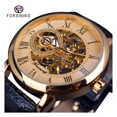 (golden) Forsining 3D Logo Design Hollow Engraving Black Gold Case Leather Skeleton Mechanical W